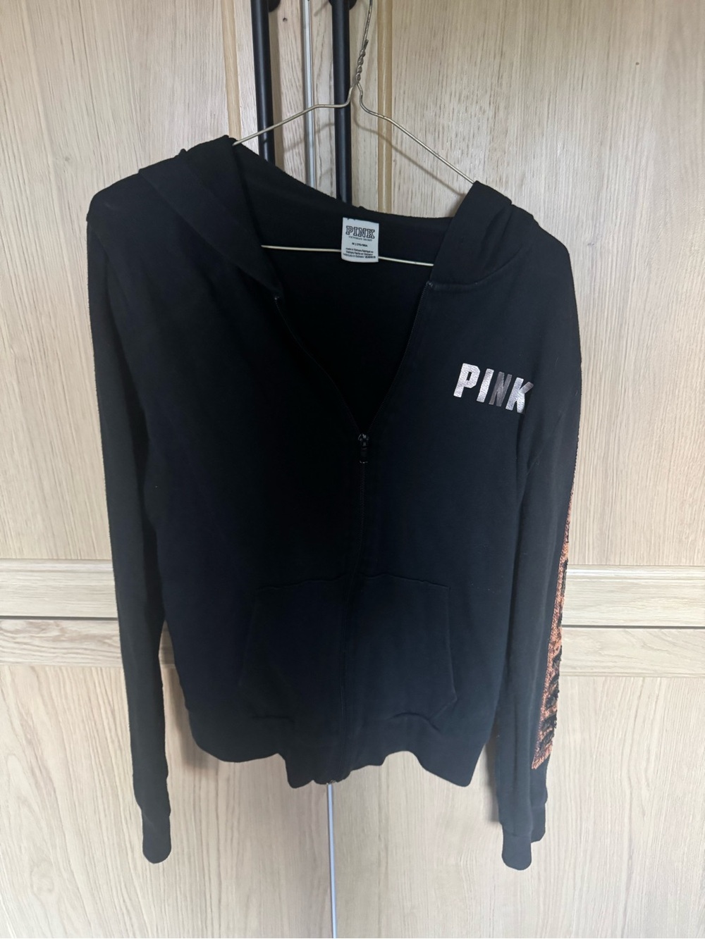 PINK Victoria's Secret Black Zip Hoodie with Pink sequin Logo